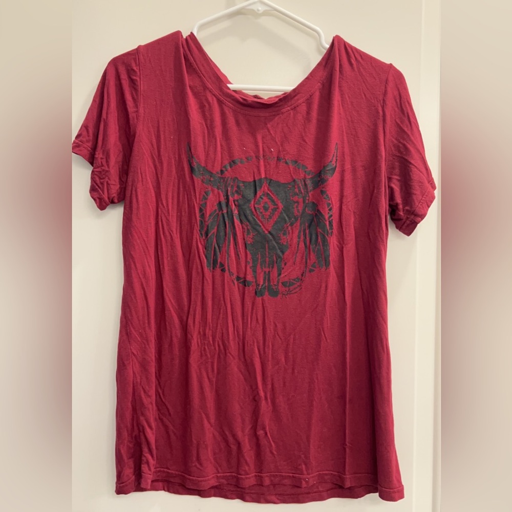 Maroon Aztec cow skull shirt